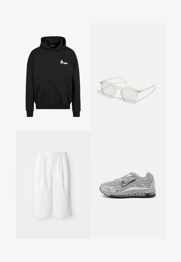 Schwarzer Kapuzenpullover aus Fleece. Mit einer Fronttasche, gerippten Bündchen und einem gestickten weißen Logo auf der Brust.; Weiße Shorts mit elastischem Bund und Kordelzug, vor einem schlichten hellen Hintergrund präsentiert. Geeignet für lässige oder warme Wetterkleidung.; Graue Nike Air Max Sneakers mit einem Obermaterial aus Mesh und Synthetik, wellenförmigem Design, schwarzen Akzenten und einer sichtbaren Luftpolsterung.; Runde Sonnenbrillen mit transparentem Rahmen, hellgrünen Gläsern und dünnen, klaren Bügeln. Besitzt dezente Hardware-Elemente am Rahmen.