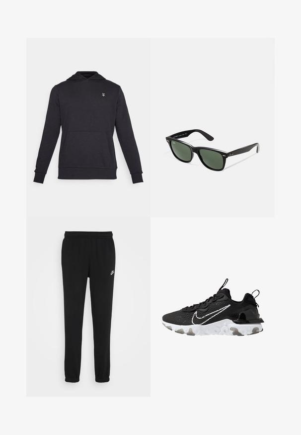 Černá mikina s kapucí vyrobená z měkké tkaniny, s dlouhými rukávy, přední kapsou a malým logem na hrudi.; Černé tepláky s elastickým pasem, manžetami na kotnících a malým bílým logem Nike na levé straně. Vyrobené z měkké texturované tkaniny.; Černá sportovní bota s texturovaným textilním svrškem, bílým logem Nike a silnou bílou podrážkou. Obsahuje poutko na patě pro snadné obouvání.; Černé plastové sluneční brýle se zelenými skly, čtvercové obroučky, stříbrný detail na obočí a texturované stranice. Značka uvedená na vnitřní straně stranic.