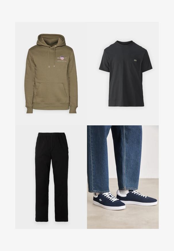 Sudadera color verde oliva con un bolsillo tipo canguro, capucha con cordón y logo bordado que presenta un diseño de escudo y texto en el pecho.; Camiseta de algodón negra de manga corta, con cuello redondo y un pequeño logotipo verde en el bolsillo izquierdo del pecho. Diseño simple, ajuste regular.; Pantalones negros de tejido de mezcla de algodón, con corte recto, cintura elástica con botón y sin patrones o acentos visibles.; Zapatillas de lona azules con cordones blancos y suelas de goma, mostradas con pantalones de mezclilla y calcetines de canalé grises, sobre una superficie gris claro.