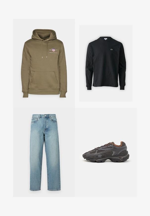 Alyvuogių spalvos džemperis su kišene, su raišteliu sukapotoje kapuceje ir išsiuvinėtu logotipu, kuriame yra skydo dizainas ir tekstas ant krūtinės.; Juodas ilgomis rankovėmis marškinėliai iš medvilnės, turintys apvalią iškirptę ir mažą žalią išsiuvinėtą krokodilo logotipą kairėje krūtinės pusėje.; Šviesiai mėlynos džinsinės kelnės su laisvu siluetu, tiesiomis kojomis, penkių kišenių dizainu ir sagčių uždarymu juosmens srityje. Minimalistinis siuvinėjimo akcentas.; Lacoste sportbačiai tamsiai pilki, pagaminti iš tinklinės ir sintetinių medžiagų, su tekstūruotu padu ir rudomis detalėmis ant apykaklės bei prekės ženklo.