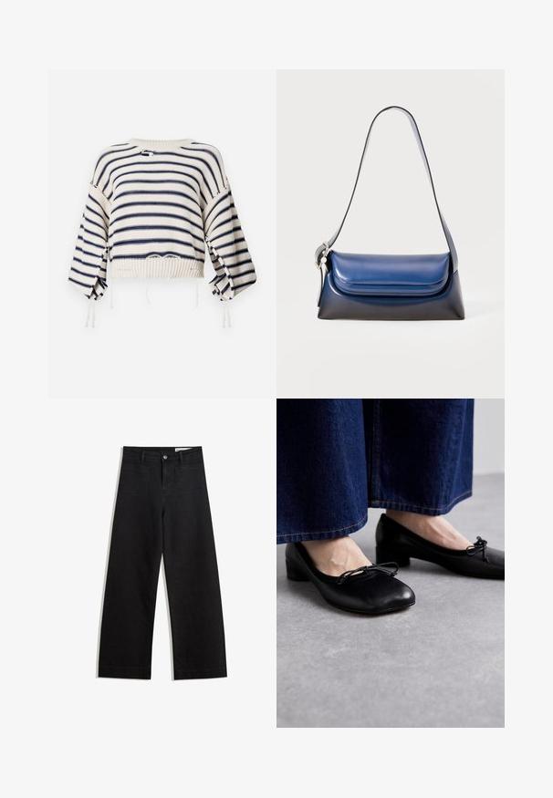 MM6 Maison Margiela CREW NECK - Striktrøje - chalk/navy; Sorte wide-leg denim bukser med høj talje, der har front- og baglommer, syede sømme og en knaplukning. Glat tekstur.; Sorte lædersko med firkantet tå og lille hæl, prydet med en dekorativ sløjfe foran. Båret med mørke denimbukser.; Marineblå læderhåndtaske med glat overflade, rund form, foldet top og en enkelt skulderrem. Inkluderet sølv hardware accent.