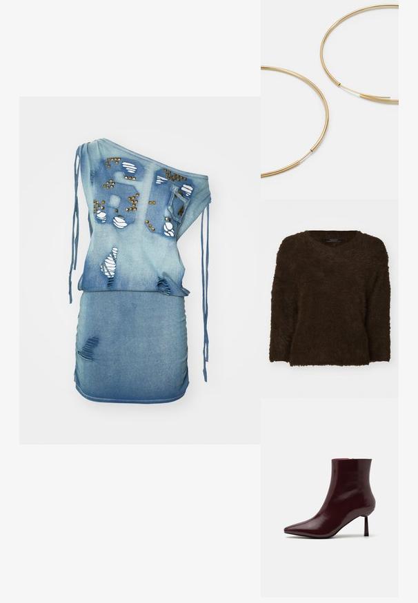 Brūna, pūkaina džemperis ar V veida kaklu, garām piedurknēm un teksturētu virsmu. Malas ir taisnas un nedaudz pārāk lielas. Redzamas aparatūras nav.; Denim kleita ar vienu plecu, gaiši zila krāsa, nolietota ar plīsumiem, dekoratīvām studijām un regulējamu auklu akcentiem. Ļoti pieguloša silueta.; Burgundijas lakota ādas potīšu zābaciņi ar smailu purngalu un šauru stiletto papēdi, kas izceļas ar gludu, spīdīgu tekstūru un minimālistisku dizainu.; Zelta krāsas auskari gredzena formā, plāni un apaļi, ar gludu metāla apdari un bez rotājumiem vai zīmējumiem.