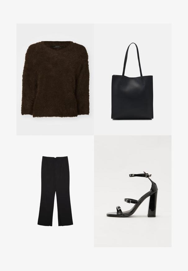 Ruskea, pörröinen neulepusero, jossa on V-pääntie, pitkät hihat ja teksturoitu pinta. Helma on suora ja hieman ylisuurta. Ei näkyvää metalliosaa.; Mustat housut suoralinjaisella leikkauksella, joissa on etutaskut ja sivurei'ät helman alla. Valmistettu pehmeästä ja sileästä kankaasta. Sopii eri tilaisuuksiin.; Musta kiiltävä korkokenkä sandaalit neliönmuotoisella varpaalla, nilkkaremmillä ja hopeisilla soljilla. Varustettu tukevalla lohkokorkealla vakauden takaamiseksi.; Mustapahkainen kangaskassi, jossa on sileä pinta, suorakaiteen muotoinen ja kaksi pitkää kahvaa. Ei näkyvää metalliosaa tai koristeita.