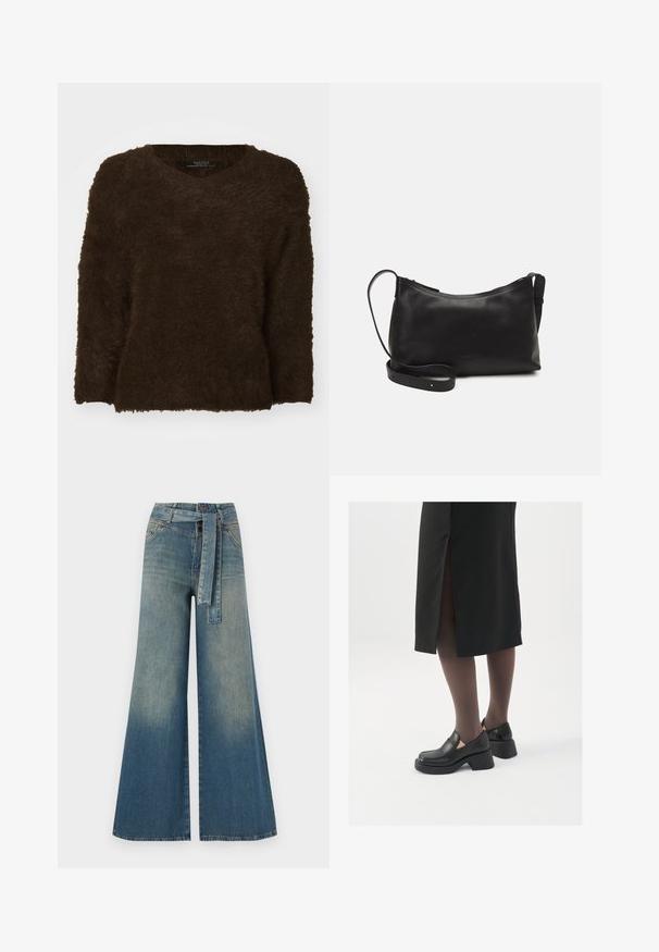 Pulover călduros, pufos, de culoare maro, cu decolteu în formă de V, mâneci lungi și o suprafață texturată. Tivul este drept și ușor supradimensionat. Fără elemente de prindere vizibile.; Pantaloni din denim largi, cu un gradient de la albastru deschis la albastru închis, talie înaltă, bucle pentru curea și o curea din același material. Finisaj texturat din denim.; Pantofi din piele neagră cu vârful rotund, toc bloc gros și accente elastice pe lateral, asortați cu colanți închiși la culoare și o fustă neagră cu o fanta.; Geantă de umăr din piele neagră, cu o textură netedă, formă curbată, curea ajustabilă și închidere cu fermoar. Design minimalist, fără embellishments.