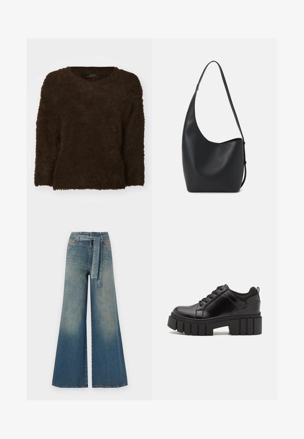 Ruskea, pörröinen neulepusero, jossa on V-pääntie, pitkät hihat ja teksturoitu pinta. Helma on suora ja hieman ylisuurta. Ei näkyvää metalliosaa.; Yksiväriset farkut leveällä lahkeella, joissa on vaaleasta tummansiniseen häipyvä väri, korkea vyötärö, vyölenkit ja yhteensopiva kangasvyö. Rakennefarkkujen pinta.; Mustat nahkakengät, joissa on lättihenkinen korko, pyöreä kärki ja perinteinen nauhakiinnitys. Ominaisuuksiin kuuluu sileä pintakuvio ja minimaalinen yksityiskohtaisuus.; Musta nahkainen hobo-laukku, jossa on sileä pinta, kaareva muoto ja yksi säädettävä olkahihna; sisäänkäynti on leveä ylhäältä.