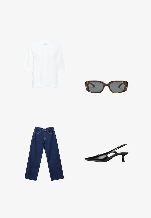 Kaffe WHITNEY - Osnovna majica kratkih rukava - chalk; Široke tamnoplave traperice s dugmadi, pet džepova i kontrastnim bijelim šavovima. Tkanina ima glatku, lagano teksturiranu površinu.; Crne lakirane natikače na remenčić sa špicastim nosom, dizajnom sa izrezima sa strane i malim kvadratnim potplatom. Glatka tekstura s minimalnim akcentima.; Smešane sunčane naočale s pravokutnim lećama, debelim okvirom i tamnim lećama. Glatka tekstura i minimalistički dizajn.