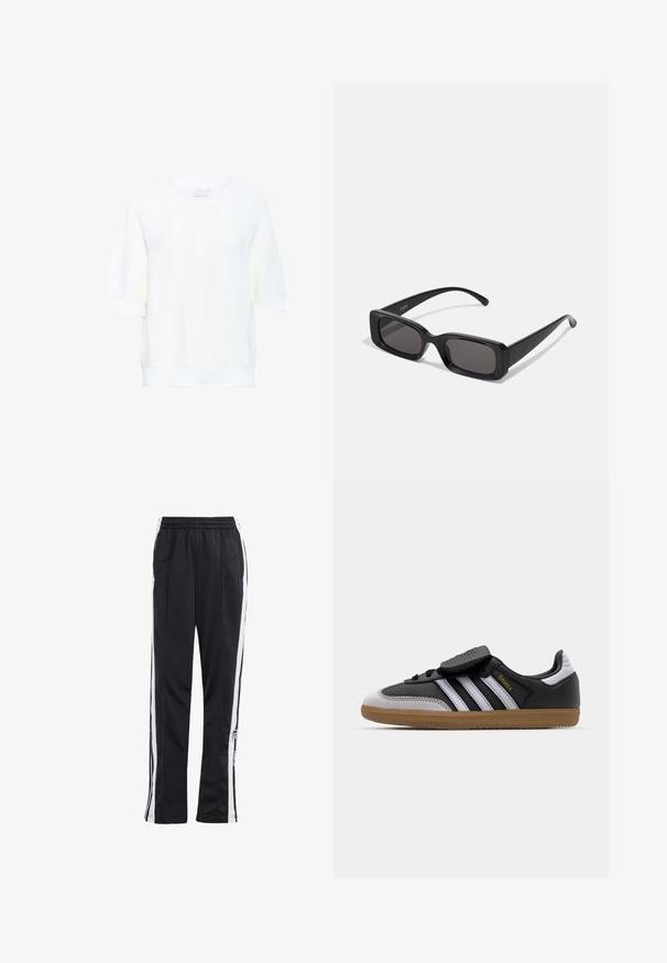 Kaffe WHITNEY - Basic T-shirt - chalk; Black track pants with white side stripes, elastic waistband, and a logo patch. Made from smooth, lightweight fabric. Straight leg design.; Black leather and gray suede sneaker with white stripes, rubber gum sole, lace-up front, and Velcro strap. Features "Samba" branding in gold.; Black rectangular sunglasses with dark lenses, glossy finish, wide arms, and a chunky frame design. Engraved brand name on one arm.