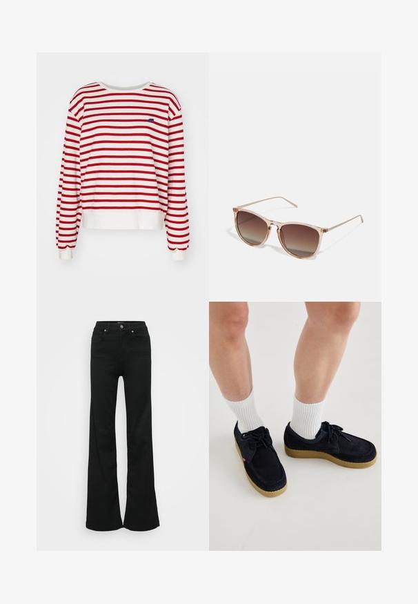 Felpa a righe rosse e bianche con maniche lunghe, colletto rotondo e orlo a coste. Presenta un piccolo logo blu sul petto.; Jeans neri a zampa d'elefante realizzati in denim, con vita alta, cinque tasche e chiusura con bottone metallico. Texture liscia con dettagli minimi.; Scarpe in suede blu navy con punta rotonda, design con lacci e suola in gomma color crema. Abbinato a calzini bianchi a coste.; Occhiali da sole con gradiente marrone e una montatura traslucida rosa, forma quadrata e aste in metallo sottili. Presentano bordi arrotondati e dettagli minimali.