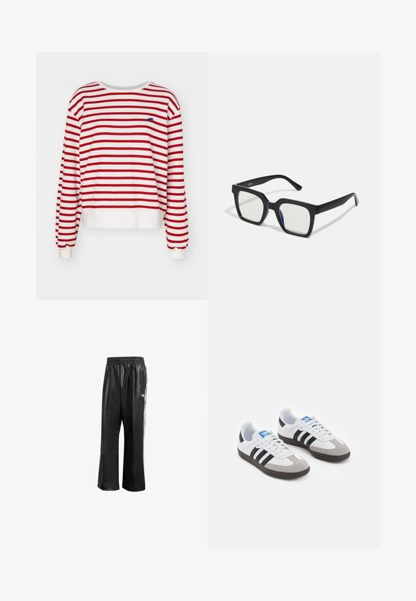 Felpa a righe rosse e bianche con maniche lunghe, colletto rotondo e orlo a coste. Presenta un piccolo logo blu sul petto.; Pantaloni da corsa neri in materiale sintetico con vita elasticizzata, caratterizzati da strisce laterali bianche e un piccolo logo bianco sull'anca sinistra.; Scarpe sportive con tomaia in pelle bianca, punta in suede grigia e tre strisce nere. Presentano un logo blu sulla linguetta e una suola in gomma testurizzata.; Occhiali da sole neri con finitura opaca, dotati di lenti trasparenti e una leggera sfumatura blu su un lato. Design robusto e angolare.; Borsa marrone con dettagli in pelle verniciata nera, forma arrotondata, doppio manico e logo nero in rilievo sul fronte.