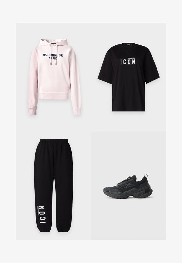 Hoodie cropped rosa realizzato in tessuto morbido, con una grafica frontale blu scuro che reca la dicitura "DSQUARED2 MILANO". Cordino regolabile sul cappuccio.; DSQUARED2 ICON TEE - T-shirt con stampa - black; DSQUARED2 ICON ICON - Pantaloni sportivi - black; Scarpe sportive nere con una tomaia strutturata, suola resistente e un design spesso distintivo. Presentano lacci e un tassello sul retro.