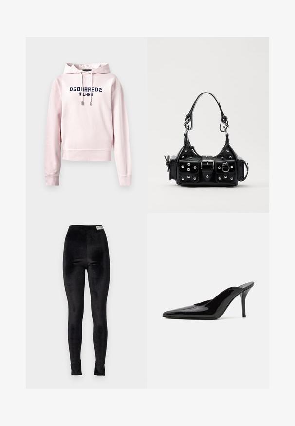 Roosa lühikeste varrukatega kapuutsiga sviiter, mis on valmistatud pehmest kangast ning mille esiküljel on tumesinisest tekstist kiri "DSQUARED2 MILANO". Kapuutsi kohandatav nöör.; Must musta legginsid kõrge vöökoha ja sileda tekstuuriga, mis on tihedalt sobivad; sisaldavad brändi sildi vöökoha juures.; Must musta nahkkängad terava ninaga ja sujuva siluetiga, avatud tagusega ja peene stiletto kontsaga.; Must värvi nahast käekott, millel on kaarjas disain, hõbedased nupukesed, kinnitusahe ja kaks külgtaskut. Reguleeritav rihm erinevate kandmisvõimaluste jaoks.