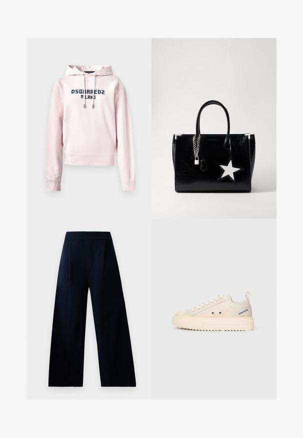 Hoodie cropped rosa realizzato in tessuto morbido, con una grafica frontale blu scuro che reca la dicitura "DSQUARED2 MILANO". Cordino regolabile sul cappuccio.; Pantaloni navy a gamba larga con vita elastica, dotati di due tasche frontali e una texture liscia, adatti per abbigliamento casual o formale.; Sneaker in tela beige con suola spessa, punta rotonda e lacci. Presenta un piccolo logo sul tallone e occhielli metallici per i lacci.; Borsa a tracolla in pelle verniciata nera con una forma elegante. Presenta accessori in metallo argentato, un lucchetto e un accento a forma di stella bianca sul lato.