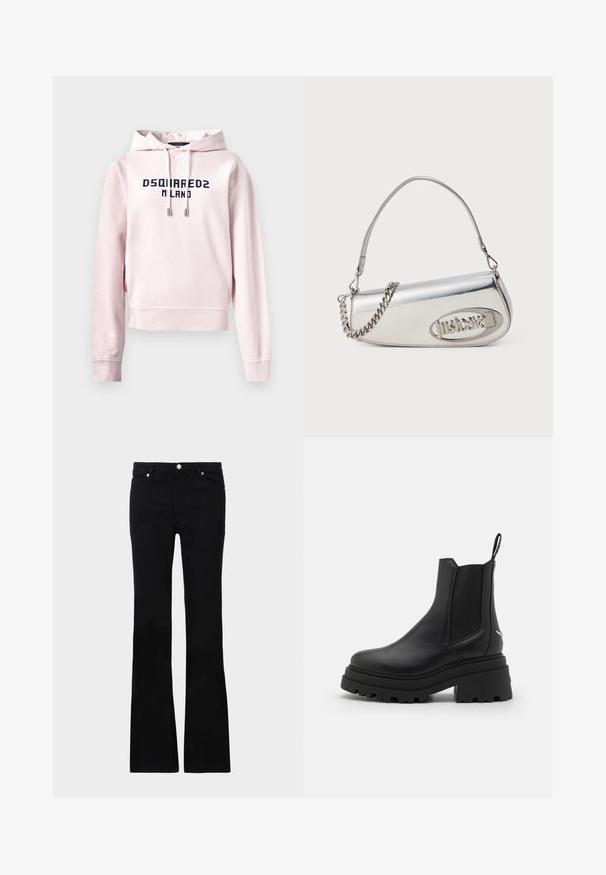 Pink cropped hoodie made of soft fabric, featuring a front graphic in navy that reads "DSQUARED2 MILANO". Adjustable drawstring at the hood.; Black flared jeans made of denim, featuring two front pockets, a button closure, and a smooth texture. Signature stitching visible at seams.; Black chelsea boots made of smooth leather with elastic side panels, a thick, ridged rubber sole, and a pull tab at the back.; Silver metallic handbag with a rounded triangular shape, featuring a logo, chain strap, and smooth texture. Zipper closure on the side.