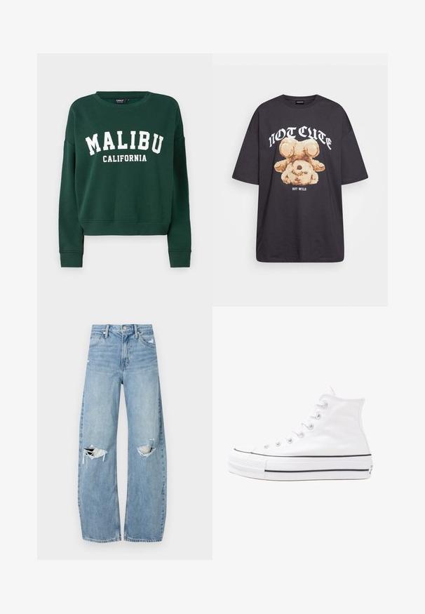 ONLY ONL LIFE CREW STATE NOOS - Sweatshirt - pine grove; Black oversized t-shirt featuring a graphic of a bear with the text “NOT CUTE BUT WILD” in bold, white lettering. Cotton material.; Light blue, high-waisted jeans made of denim. Feature wide legs, two torn knee areas, and classic five-pocket styling.; White high-top canvas sneaker with black rubber sole, front rubber toe cap, and six eyelets for laces, featuring a clean, minimalist design.