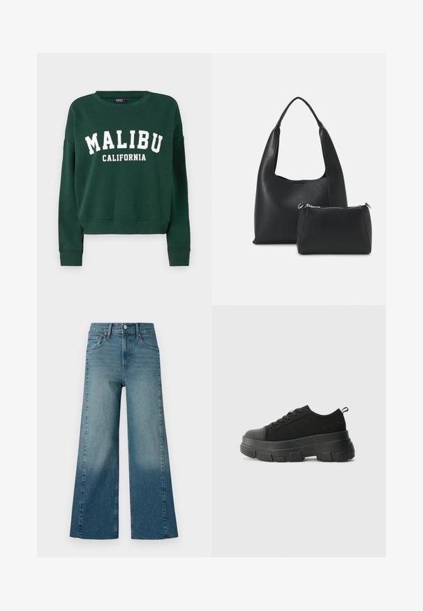 ONLY ONL LIFE CREW STATE NOOS - Bluză de molton - pine grove; Jeans cu picioare largi, într-o nuanță medie de albastru, având un efect de gradient de la mai închis la mai deschis. Fabricate din denim cu un design tradițional cu cinci buzunare.; Adidași negri cu talpă groasă din cauciuc, superior din material texturat, bot rotund și design cu șireturi. Include gauri întărite pentru șireturi și o buclă pe spate.; Even&Odd Geantă de mână - black