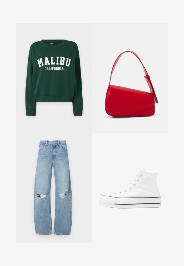 ONLY ONL LIFE CREW STATE NOOS - Sweatshirt - pine grove; Lysblå, højtraljede jeans lavet af denim. Har brede ben, to huller ved knæene og klassisk fem-lommes stil.; Hvide høje kanvas sneakers med sort gummisål, gummitåhætte foran og seks øjehuller til snørebånd, der har et rent, minimalistisk design.; Rød læderhåndtaske med et kantet, geometrisk design. Har en enkelt justerbar rem og en klaplukning med syede detaljer.