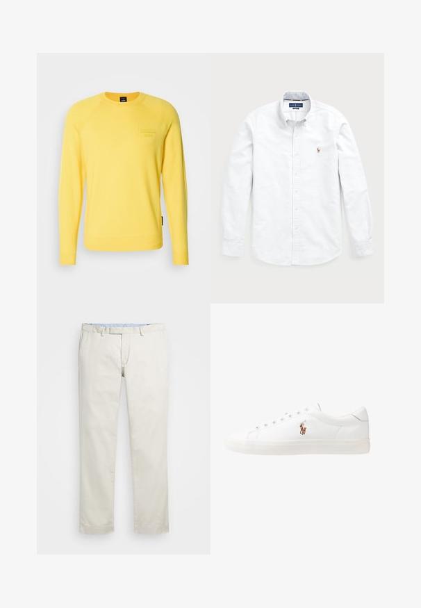 Suéter amarelo de gola redonda com mangas raglan longas, punhos e bainha canelados, e logotipo em relevo no peito. Feito de um material de malha suave.; Camisa branca de mangas longas com botões, feita de algodão. Apresenta um colarinho amplo, fecho de botão e um pequeno logótipo bordado no peito.; Chinos de algodão bege com frente plana, passantes para cinto e bolsos laterais. Design de perna reta com uma textura suave e uma sensação leve e respirável.; Sapatilhas de couro brancas, design de cano baixo, com textura suave, biqueira redonda, atacadores à frente e um pequeno logótipo bordado na lateral.