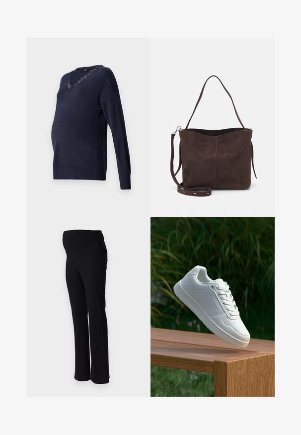 Mornarško modra pletena bluzica za nosečnice z V-izrezom in čipkastim detajlom na ovratniku. Dolgi rokavi in sproščen kroj za udobje.; ONLY MATERNITY OLMHALLE - Hlače - black; Bela teniska s gladkim sintetičnim zgornjim delom, perforiranim prednjim delom, ravnimi vezalkami in teksturiranim podplatom, prikazana na leseni površini.; Rjava gamoška torba z mehkobo teksturo, ki ima en samo ramenski trak in subtilno ukrivljen zgornji del. Brez vidnih kovinskih detajlov.