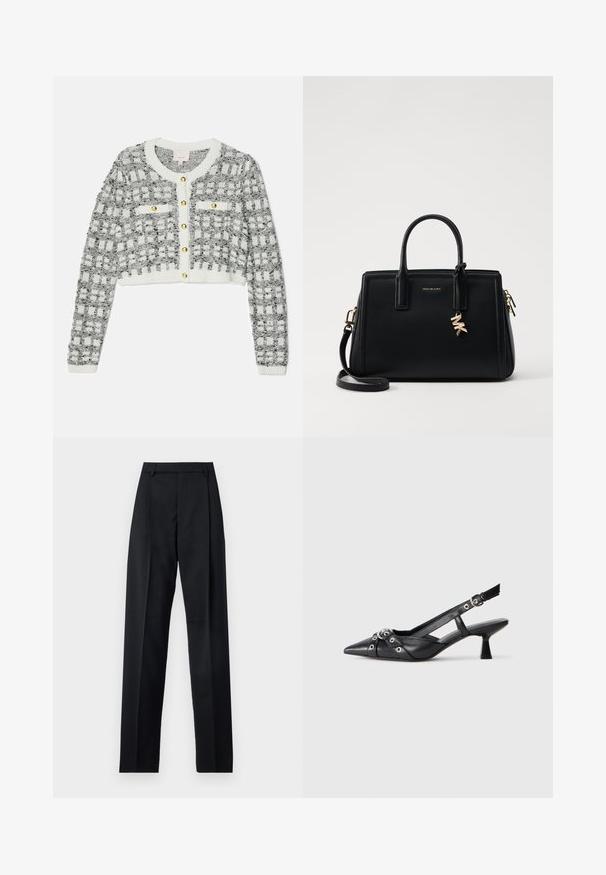 Cardigan au crochet noir et blanc avec un motif à carreaux, col rond, boutons dorés et deux poches avant. Design cropped.; Pantalon noir en tissu lisse avec taille haute, jambes larges, plis à l'avant et passants de ceinture classiques. Pas de poches latérales visibles.; Chaussure slingback en cuir noir avec un bout pointu, des sangles décoratives avec œillets en métal et un petit talon carré. Surface texturée.; Sac à main en cuir noir avec un design structuré, deux poignées supérieures, une bandoulière amovible, des accessoires en or et un pendentif avec le logo.