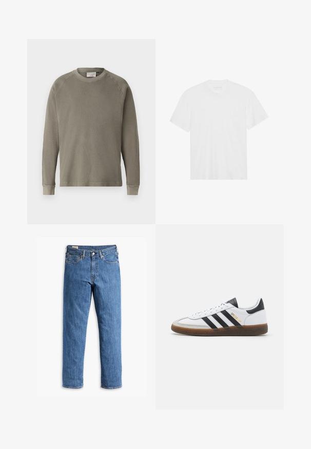 Πράσινο μακρυμάνικο φούτερ με υφή ριγωτής επιφάνειας, στρογγυλή λαιμόκοψη και μανσέτες. Διαθέτει ριγέ μανίκια για ευκολία κίνησης.; Λευκό βαμβακερό μπλουζάκι με κοντά μανίκια, στρογγυλή λαιμόκοψη και ίσιο κρόσι. Λείο υφή, μινιμαλιστικός σχεδιασμός χωρίς σχέδια ή διακοσμήσεις.; Μπλε τζιν παντελόνι με κανονική γραμμή, με χάλκινες καρφίτσες και σχέδιο πέντε τσεπών. Διαθέτει ραμμένο στρίφωμα και κλασική μέση με θηλιές ζώνης.; Λευκό δερμάτινο αθλητικό παπούτσι με μαύρες σουέτ λεπτομέρειες, τρεις μαύρες ρίγες, μπεζ δερμάτινη σόλα και χρυσαφί λογότυπο "SPEZIAL" στο πλάι.