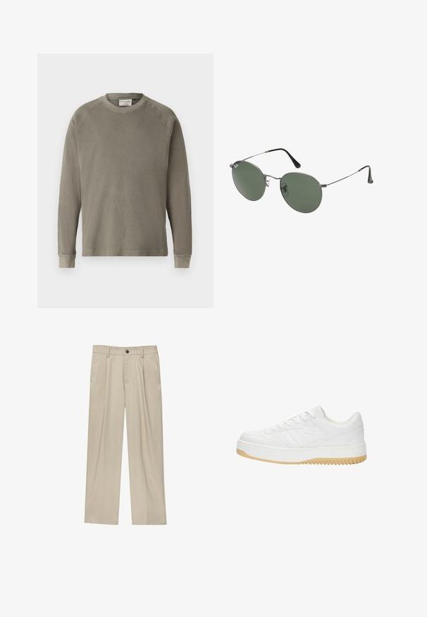 Zöld, hosszúujjú pulóver, texturált, bordás felülettel, kerek nyakkivágással és passzékkal ellátott ujjak. Rágland stílusú ujjak a szabad mozgás érdekében.; Fehér polo póló, amely pamutból készült, klasszikus gallérral, rövid ujjakkal és egy kis sötétkék logóval a bal mellen. Két gombos gombolás.; Beige egyenes szárú nadrág, egy fekete gombbal, övhurkokkal és oldalzsebekkel. Sima szövettextúra és minimális design.; Fehér bőr sneaker, texturált felülettel, gumitalppal, fűzős kialakítással és diszkrét csíkozással az oldalakon.; Fémkeretes napszemüveg ovális zöld lencsékkel. Vékony ezüst színű fémkeret és fekete fülrész. Minimalista dizájn, látható logók nélkül.