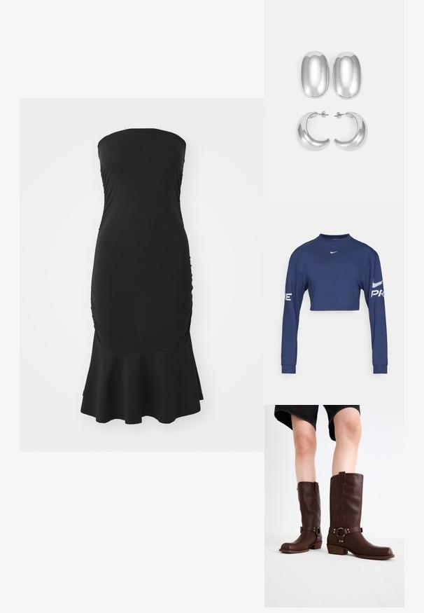 Tengerészkék, rövidre szabott, hosszú ujjú póló, amely szövetből készült, kerek nyakrésszel és fehér "PRO" felirattal, valamint logónyomattal az ujjakon.; Fekete, pánt nélküli ruha rugalmas anyagból, oldalt ráncolással és bővült szegéllyel. Sima textúra, testhez simuló fazon.; Barna bőr, térd feletti csizmák kerek orral, textúrázott felülettel, bokapánttal és ezüst hardware részletekkel; rétegezett sarokkal.; Ezüst színű fülbevaló szett: két ovális stud és két félhold alakú karika, fényes, sima felülettel és kerekdeden formával.