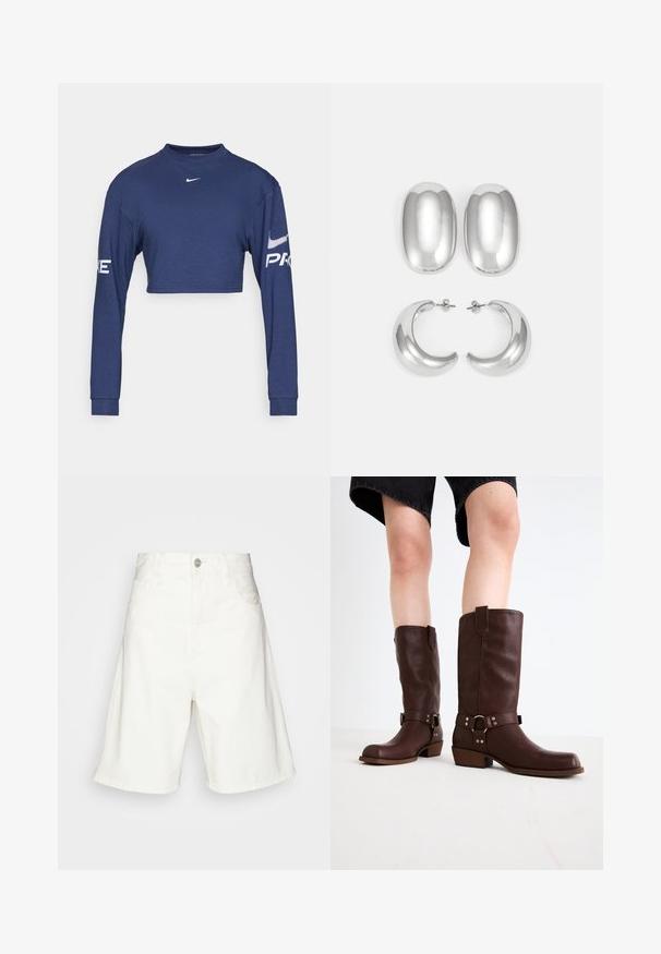 Námornícky modrá krátka dlhá tričko s dlhým rukávom vyrobené z látky, s okrúhlym výstrihom a bielymi potlačami "PRO" a loga na rukávoch.; Biele denimové šortky s vysokým pásom, ktoré majú predné zapínanie na gombík, dve bočné vrecká a voľný strih. Hladká textúra bez viditeľných vzorov.; Hnedé kožené vysoké čižmy s okrúhlou špičkou, štruktúrovaným povrchom, opaskom okolo členka a detailmi zo strieborného kovu; s vysokým podpätkom.; Súprava strieborných náušníc: dva oválne pecky a dva polkruhové kruhy, s lesklým, hladkým povrchom a zaobleným tvarom.