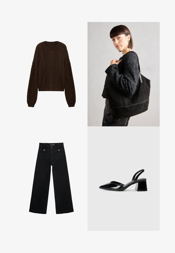 Rjav pleten dvodelni pulover z vzorcem pletenice, okroglim izrezom in dolgimi rokavi ter rahlo skrajšanim krojem. Teksturna tkanina doda globino.; Črne široke kavbojke z visokim pasom, ki imajo dva sprednja žepa in kovinske gumbi. Tkanina ima gladko teksturo.; Črne lakirane slingback pete s koničastim nosom in geometrijsko blokasto peto. Imajo eleganten, minimalističen dizajn in gladko teksturo.; Črna semiš torbica z gladko teksturo, strukturirano obliko in kontrastnim šivanjem. Ima dolge naramnice za nošenje na rami.