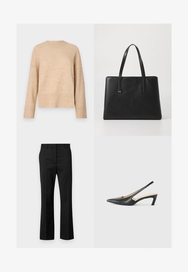 Beige gebreide trui met een ronde hals, verlaagde schouders en een ribgebreide zoom. De textuur lijkt zacht en iets pluizig te zijn.; Zwarte op maat gemaakte broek met een recht gesneden ontwerp. Gemaakt van een gladde stof, met een vlakke voorkant en een standaard tailleband met riemlussen.; Zwarte puntige slingback schoen met een lage hak, gemaakt van soepel leer en voorzien van een uitsnede aan de zijkant voor ventilatie.; Zwarte leren tote bag met twee lange handvaten, rechthoekige vorm, gestructureerd oppervlak en minimalistisch ontwerp. Geen zichtbare metalen onderdelen of accenten.