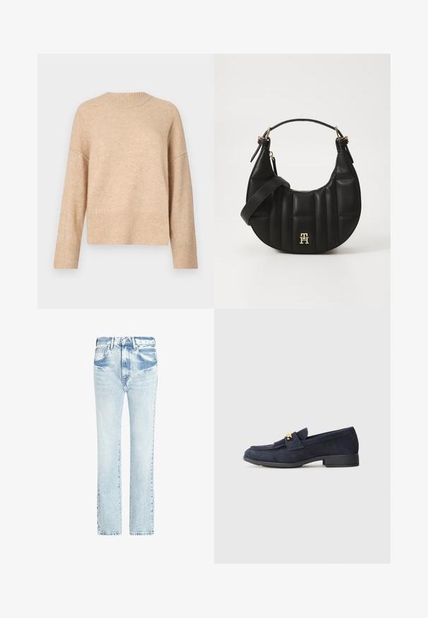 Pull en maille beige avec un col rond, des épaules tombantes et un ourlet côtelé. La texture semble douce et légèrement duveteuse.; Jeans en denim bleu clair avec un design à jambe droite, cinq poches et une texture délavée. Présente des coutures visibles et une fermeture à bouton classique.; Mocassins en suede marine avec un petit talon noir, ornés d'un détail en matériel doré à l'avant et d'un design à bout rond.; Sac à main en cuir noir avec une forme incurvée, texture matelassée et quincaillerie dorée. Dispose d'une bandoulière amovible et d'un détail de logo.