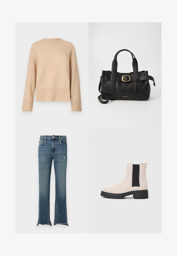 Beige gebreide trui met een ronde hals, verlaagde schouders en een ribgebreide zoom. De textuur lijkt zacht en iets pluizig te zijn.; Blauwe spijkerbroek van denim met lichte slijtage, ruwe rafelige zomen, voorzakken, riemlussen en een knoopsluiting.; Beige suède Chelsea-boot met zwarte elastische zijpaneel, robuuste zwarte zool en een trekhaak bij de enkel.; Zwarte leren handtas met een gestructureerd ontwerp, dubbele handgrepen aan de bovenkant, een gouden gespaccent en een geperst merklogo aan de voorkant.