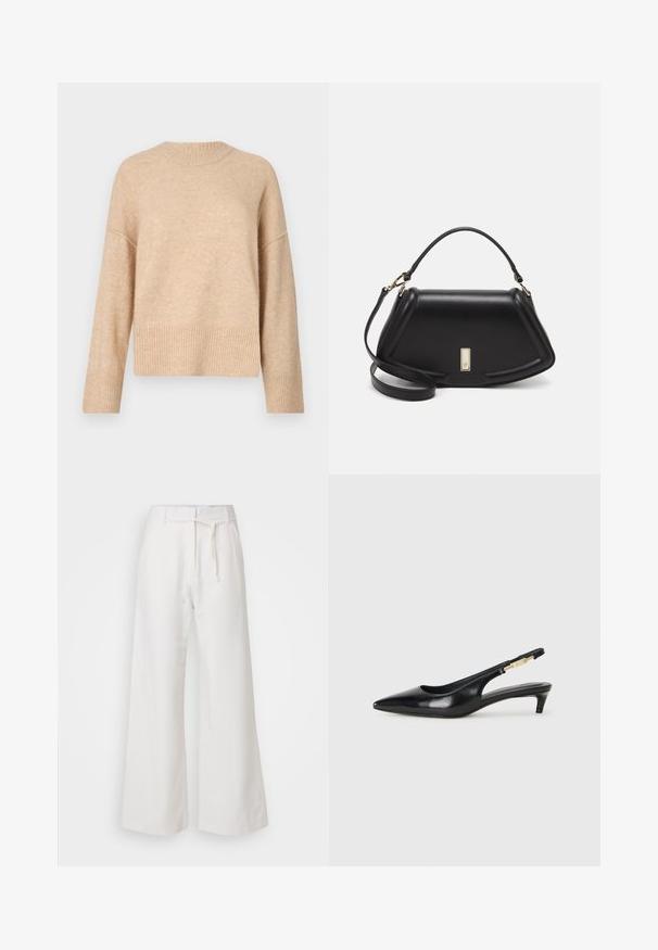 Beige kudumisjakk ümmarguse kaelusega, langetatud õlgadega ja soonushoidjaga. Tekstuur näeb välja pehme ja veidi udune.; DAY Birger et Mikkelsen TERRI SOLID - Püksid - cloud cream; Mustad nahast slingback kontsad terava ninaga, millel on õhuke konts ja kuldse tooni aktsent reguleeritaval rihmal. Sile tekstuur.; Must mustrist käekott, millel on struktureeritud disain, lühendatud kuju, ülemine käepide ja kuldne metallist detail. Reguleeritav õlalihm on kaasas.
