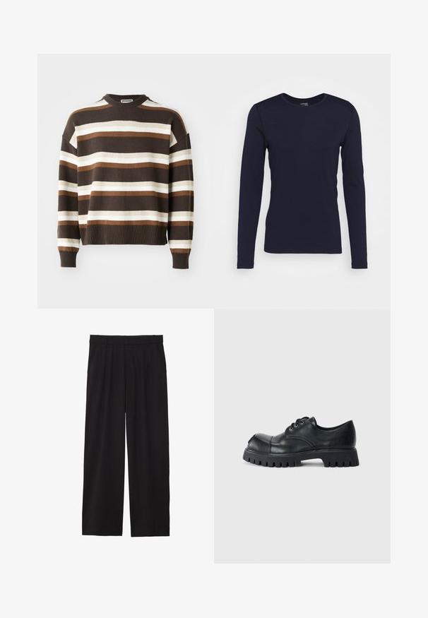 Bruine en roomkleurige gestreepte trui met een ronde halslijn, geribbelde manchetten en onderrand, met een ontspannen pasvorm en zachte textuur.; Langsleeve marineblauwe t-shirt van zachte stof met een ronde hals en een eenvoudig ontwerp, voorzien van versterkte schoudernaden.; Zwarte wijde broek met geplooide voorkant, zijzakken en een gladde stoftextuur. Ontworpen voor een ontspannen pasvorm.; Zwarte leren veterschoen met een ronde neus, chunky rubberen zool en decoratieve stiksels op de bovenkant. Gestructureerd materiaal en robuust ontwerp.