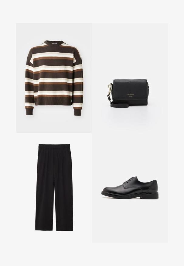 Pull rayé marron et crème avec un col rond, des poignets et un ourlet côtelés, offrant une coupe décontractée et une texture douce.; Pantalons larges noirs avec un devant plissé, des poches latérales et une texture de tissu lisse. Conçus pour un ajustement décontracté.; Chaussure habillée en cuir noir avec une finition lisse, bout rond, six œillets et un petit talon. Présente des coutures délicates et une semelle plate.; Sac bandoulière en cuir noir avec une finition texturée, quincaillerie dorée, fermeture à rabat et une sangle ajustable. Présente un logo sur le devant.