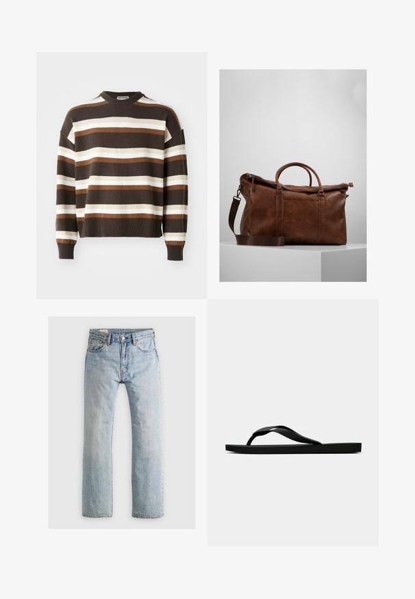 Pull rayé marron et crème avec un col rond, des poignets et un ourlet côtelés, offrant une coupe décontractée et une texture douce.; Jean en denim bleu clair avec une coupe droite, design à cinq poches et surpiqûres contrastantes. Comprend une fermeture éclair et un bouton métallique.; Tong sandale en caoutchouc noir avec une bride en T texturée et une semelle plate simple, montrée de côté sur un fond clair.; Sac de voyage en cuir marron avec fermeture éclair, doubles poignées, bandoulière réglable et motifs de texture visibles sur la surface.