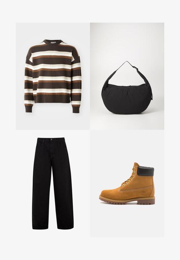 Brown and cream striped sweater with a round neckline, ribbed cuffs, and hem, featuring a relaxed fit and soft texture.; Black wide-leg jeans made of denim, featuring front pockets, a button closure, and a clean, minimal design without visible patterns.; Tan suede ankle boot with black padded collar, gold metal eyelets, white stitching detailing, and rugged rubber sole with pronounced treads.; Black fabric shoulder bag with a curved shape, featuring a single strap and a zippered closure. Soft texture, minimalist design.