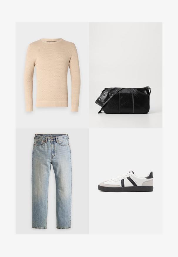 Šviesiai ruda megzta sveturė su tekstūriniu raštu, apvaliu iškirpimu ir gipiūriniais rankogaliais bei apačia. Lengvas, minkštas audinys, tinkamas sluoksniavimui.; Šviesiai mėlynos džinsinės kelnės su aukštu liemeniu, priekyje mygtukas, užtrauktukas ir penkių kišenių dizainas, išklotos ant neutralios fono.; Balti sportbačiai su juodais ir pilkais akcentais, pasižymintys tekstūruotu pilku pirštų dangteliu, juoda gumine padais ir plokščiomis baltomis raišteliais. Švarus dizainas, minimalistinis stilius.; Juodas odinis pečių krepšys su užtrauktuku, turintis tekstūruotą paviršių, baltą siuvinėjimą ir dirželį su sidabinėmis metalinėmis detalėmis.