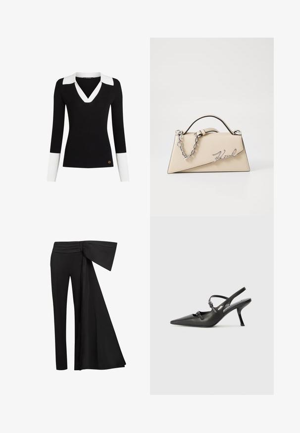 Schwarzes gerippte Langarmoberteil mit einem weißen V-Ausschnitt und weißen Akzenten an den Bündchen; verfügt über ein kleines goldfarbenes Logo-Detail nahe dem Saum.; Schwarzes crop-top mit hohem Kragen, das mit silbernen, glitzernden, vertikalen Linien, durchsichtigen Ärmeln und strukturiertem Stoff versehen ist.; Schwarze Hosen mit einem breiten, drapierten Taillendetail. Glattes Material, gerade Beinform und gefalteter Bund.; Schwarzlederne Slingback-Absätze mit spitzer Zehenform, schlankem Absatz und dekorativem Schnallendetail auf dem Blatt. Glatte Textur und elegantes Design.; Beige Leder-Handtasche mit einer strukturierten, dreieckigen Form, ausgestattet mit einem silbernen Kettenhenkel und einem geschwungenen Logo aus Metall.