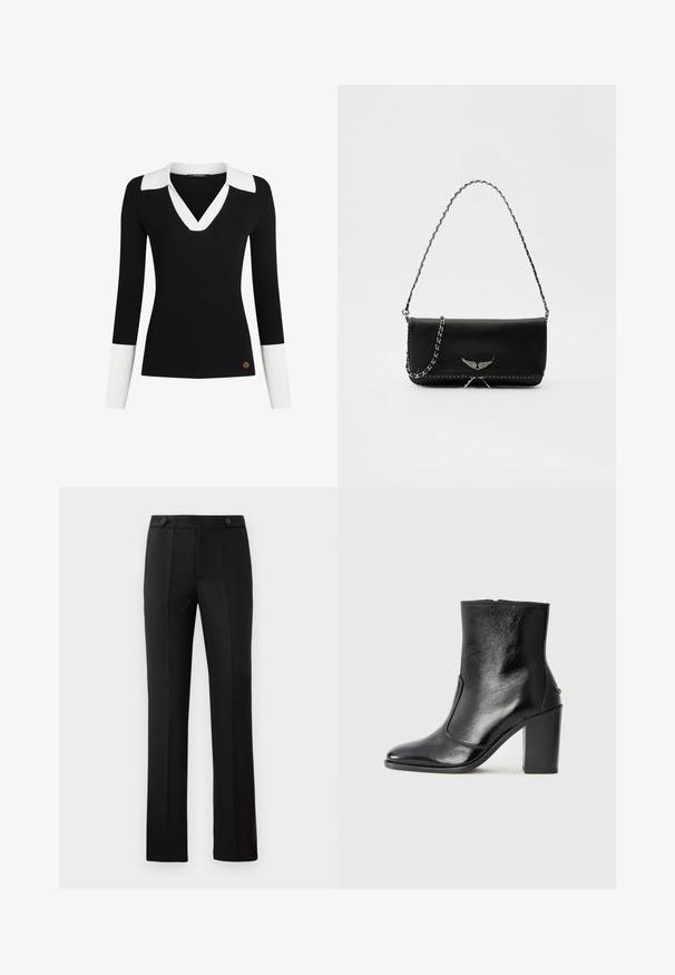 Juodas ribotas megztinis su baltu apykakle ir rankogaliais, V formos iškirpte, prigludusia forma ir auksiniu logotipo akcentu arti apatinio krašto.; Juodos pritaikytos kelnės su tiesiomis kojomis, dviem priekinėmis kišenėmis, mygtuko uždarymu ir raukšlėmis priekyje. Glotnaus audinio tekstūra.; Juodas odinis kulkšninis batas su lygiu paviršiumi, smailiu pirštu ir masyviu aukštu kulnu. Savybė - šoninis atidarymas ir minimalistiškas dizainas.; Juodas odinis delninukas su sidabro spalvos grandinele, papuoštas dekoratyviniais sparnų akcentais ir balta siūle apačioje.