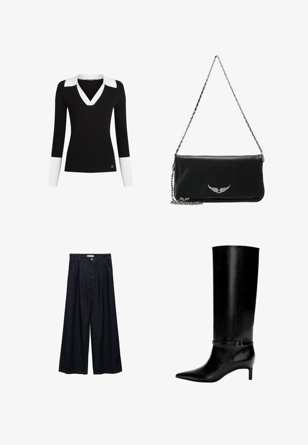 Pulover negru cu dungi, având un guler și mansete albe, design în formă de V, croială ajustată și un accent cu logo auriu aproape de tiv.; Pantaloni largi din denim închis, cu talie înaltă, având un închidere cu nasture frontal, două buzunare laterale și detalii de cusătură.; Cizme negre din piele, până la genunchi, cu vârf ascuțit și tocul mic. Prezentă o curea îngustă cu o cataramă metalică în jurul gleznei. Textură netedă.; Cloșă de piele neagră cu curea din lanț argintiu, având un emblema cu aripi în față, textură netedă și închidere cu fermoar la bază.