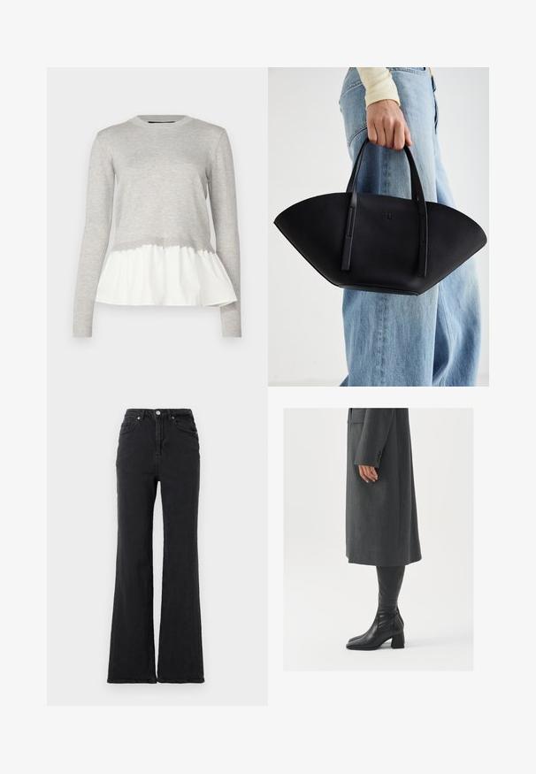 Pelēks garām piedurknēm krekls ar faktūras trikotāžas augšdaļu un mīkstu baltu slāņotu pepluma apakšdaļu. Rievojums apkaklē un piedurknēs.; Melni, augsta vidukļa denima džinsi ar izplešanos, priekšējo pogu un piecu kabatu dizainu uz vienkārša balta fona.; Pelēks, pielāgots mētelis ar taisnu griezumu; kombinēts ar melniem ādas zābakiem līdz ceļiem, kuriem ir kvadrāta formas purngals un masīla dūre.; Melnas ādas rokassoma ar unikālu ventilatora formu, aprīkota ar plakaniem rokturiem. Virsma ir ar graudainu faktūru un minimālistisku dizainu.