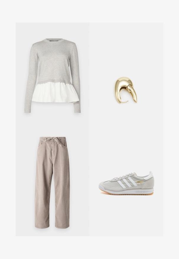 Graues Longsleeve-Oberteil mit einem strukturierten Strickoberteil und einem weichen, weißen, geschichteten Peplum-Unterteil. Rippkragen und Rippabschlüsse.; Beige Cordhosen mit lockerer Passform, ausgestattet mit einem Kordelzugbund, zwei Fronttaschen und vertikal geripptem Muster.; Hellgraue Sneaker aus Wildleder und Mesh, mit drei weißen Streifen, runder Zehenpartie und einer Sohle aus Gummi. Goldenes Logo-Detail nahe der Schnürsenkel.; Ohrringe aus goldfarbenem Metall mit einem schlanken, geschwungenen Design. Sie verfügen über eine markante, spitze Form, eine polierte Oberfläche und einen Scharnierverschluss.