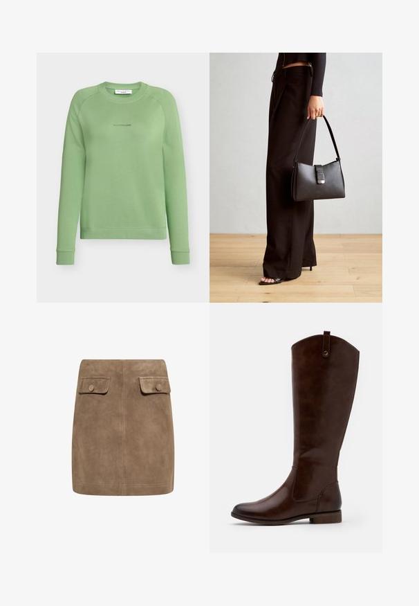 Zöld pulóver kerek nyakkivágással, raglán ujjakkal és bordás szegélyekkel. Mellrészen finom, azonos árnyalatú logó található.; Barna szarvasbőr mini szoknya sima textúrával, két elülső hajtókával és gombos záródásokkal mindkét oldalon. Egyszerű, egyenes szabás.; Barna, térdig érő csizmák sima bőrből, lekerekített orral, alacsony, rakott sarokkal és diszkrét varrással az oldalán.; Fekete kézi táska strukturált formával, sima textúrával és fémből készült záródással. Széles fekete nadrággal és nyitott orrú szandállal párosítva, fából készült padlón.