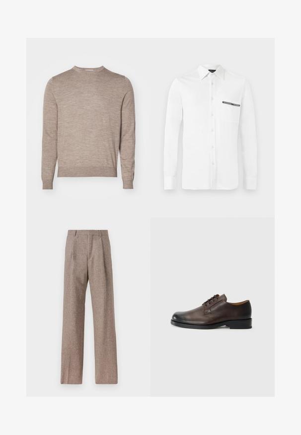 Tiger of Sweden CONNOR - Pulover - beige melange; Bela dolgoramenska srajca z gumbnim zapenjanjem spredaj, klasičnim ovratnikom in žepom na levi strani prsnega koša, ki nosi črno oznako z logotipom. Gladek bombažni material.; Rjave hlače z visokim pasom, izdelane iz teksturirane tkanine. Imajo široke noge in dve sprednji pregibi za strukturo. Urejen zaključek brez vidne strojne opreme.; Rjave usnjene čevlje z zaobljenim nosom, nizko peto, vezalnim dizajnom in gladko površino. Imajo minimalne šive in sijajno končno obdelavo.