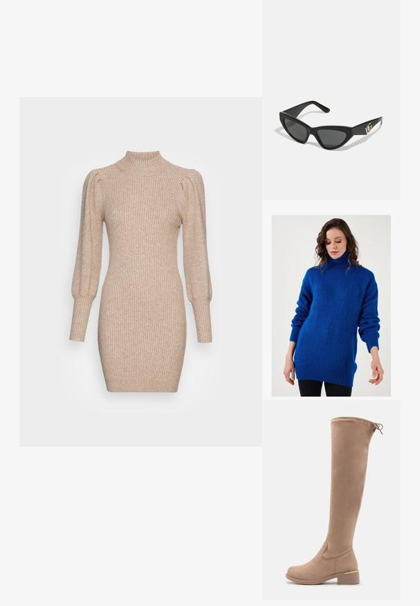 Pulover albastru cu guler înalt, realizat dintr-un material moale și texturat, având umeri lăsați, manșete cu model în relief și o croială lejeră.; Rochie tricotată în bej, cu textură randată, guler înalt și mâneci bufante. Siluetă ajustată cu o lungime scurtă.; Bocanci din suede bej, până la genunchi, cu vârf rotunjit, toc pătrat și un accent subtil de aur pe toc. Textură netedă cu un design ajustat.; Ochelari de soare tip cat-eye cu un cadru din plastic mat de culoare neagră, lentile întunecate și un accent de logo aurit pe tâmple. Design unghiular și textură netedă.; Clutch Michael Kors din canva acoperit bej, cu un model repetitiv al logo-ului MK, accesorii din aur și o curea cu lanț detașabil.