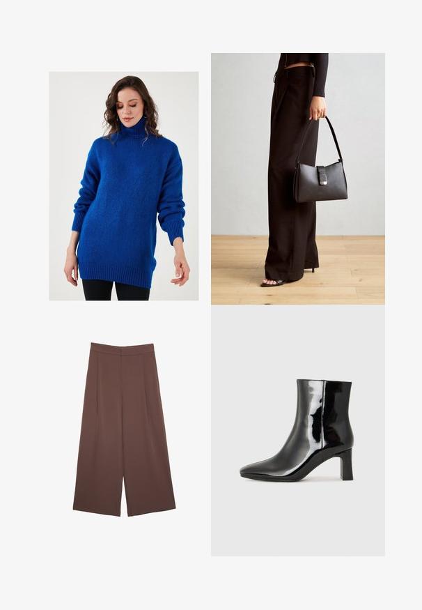 Blauer Rollkragenpullover aus weichem, strukturiertem Stoff, mit überschnittenen Schultern, gerippten Bündchen und lockerer Passform.; Braune Weite-Leg-Hosen mit einer glatten Textur, hoher Taille und Vorderfalten. Der Stoff ist leicht und fällt locker.; Schwarzer Lackleder-Stiefelette mit spitzer Zehe und einem mittelhohen Blockabsatz. Glatte Textur und minimalistisches Design.; Schwarze Handtasche mit strukturierter Form, glatter Textur und einem metallischen Verschluss. Kombiniert mit weiten schwarzen Hosen und offenen Sandalen auf einem Holzboden.