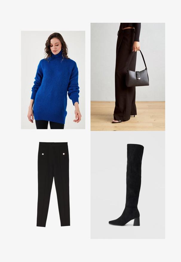 Kék garbó pulóver kellemes tapintású, textúrált anyagból, ejtett vállakkal, bordás mandzsettákkal és laza fazonnal.; Fekete, szabott nadrág sima felülettel, elülső zsebekkel díszítő hardware részletekkel, slim-fit kialakítással.; Fekete nubuk térd fölé érő csizma, tömbsarokkal, hegyes orral és sima, varrat nélküli dizájnnal, világos háttérrel.; Fekete kézi táska strukturált formával, sima textúrával és fémből készült záródással. Széles fekete nadrággal és nyitott orrú szandállal párosítva, fából készült padlón.