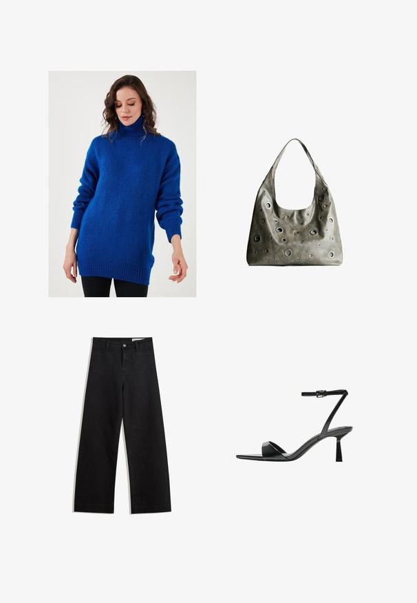Blauwe coltrui gemaakt van zachte, gestructureerde stof, met verlaagde schouders, geribbelde manchetten en een ontspannen pasvorm.; Zwarte denim broek met wijde pijpen en een hoge taille, voorzien van voor- en achterzakken, gestikte naden en een knoopsluiting. Gladde textuur.; Bershka Sandalen met hoge hak - black; Olijfgroene leren handtas met een slungelig ontwerp, voorzien van rondvormige uitsparingen van verschillende groottes en accenten in donkerdere en lichtere tinten.