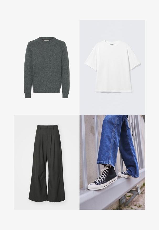 Grauer Rundhals-Pullover aus strukturiertem Strickstoff. Mit langen Ärmeln und gerippten Bündchen sowie Saum. Keine Muster oder auffälligen Akzente.; Weißes T-Shirt mit kurzen Ärmeln aus Baumwolle, mit rundem Ausschnitt und lockerem Schnitt. Keine sichtbaren Muster oder Akzente. Einfaches Design.; Jaded London GOLIATH TROUSER UNISEX - Stoffhose - grey; Schwarze High-Top-Sneaker mit weißer Sohle und Schnürsenkeln, kombiniert mit lockeren blauen Jeans, die auf einem grauen Geländer ruhen.