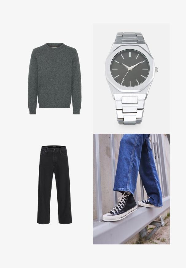 Grauer Rundhals-Pullover aus strukturiertem Strickstoff. Mit langen Ärmeln und gerippten Bündchen sowie Saum. Keine Muster oder auffälligen Akzente.; Schwarze gerade geschnittene Jeans aus Denim mit Knopf- und Reißverschluss, Gürtelschlaufen sowie Vorder- und Gesäßtaschen.; Schwarze High-Top-Sneaker mit weißer Sohle und Schnürsenkeln, kombiniert mit lockeren blauen Jeans, die auf einem grauen Geländer ruhen.; Silberne Analog-Uhr mit achteckigem Gehäuse, grauem Zifferblatt, silbernen Stundenmarkierungen und einem Armband aus Edelstahl. Minimalistisches Design mit glatter Textur.